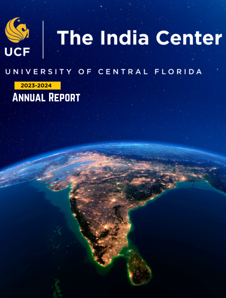 Cover of the UCF India Center 2023-2024 Annual Report, featuring a satellite image of India lit at night, with text indicating the University of Central Florida.