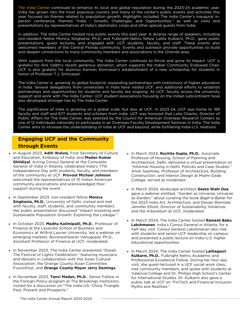 A detailed page from The India Center Annual Report 2023-2024. It includes information on enhancements, key events, and community engagements for the 2023-24 academic year. Text in black and yellow accents.