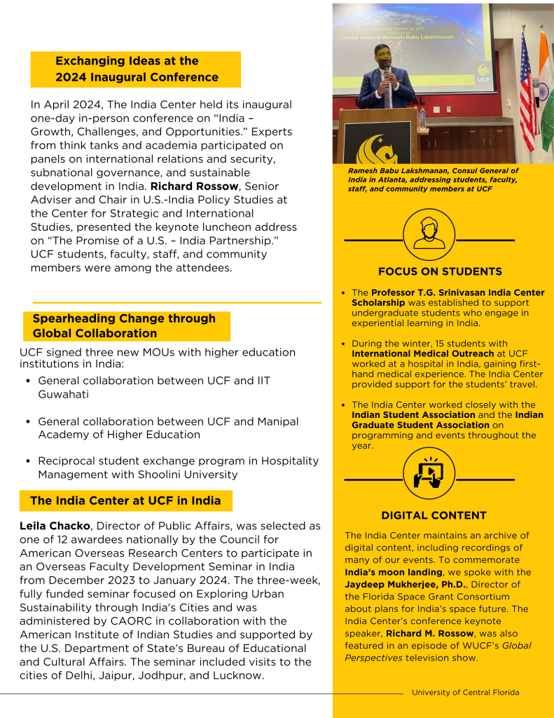 Flyer for the 2024 Inaugural Conference. It includes a speech photo, summaries of international collaborations, topics like "India-U.S. Relations and Development" and student activities. University of Central Florida.