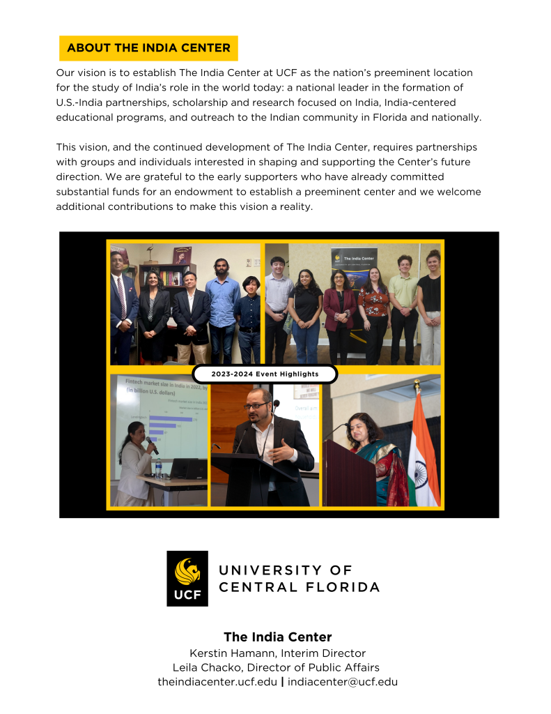 A flyer introducing The India Center at UCF. It highlights the center's partnerships, education, and outreach focused on India-U.S. relations. Three individuals are pictured below a banner of event highlights.