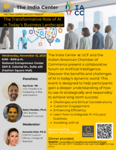Event flyer for "The Transformative Role of AI in Today’s Business Landscape" at UCF on Nov. 12, 2025, featuring a panel, event details, topics, and sponsor info with a QR code for registration.