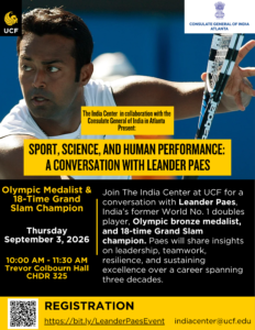 Flyer for a UCF event featuring tennis player Leander Paes, Olympic medalist, scheduled for September 3, 2026, discussing sport, science, and leadership.