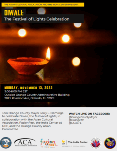 Event flyer for Diwali: The Festival of Lights Celebration, with event details, organizational logos, and an image of lit candles.
