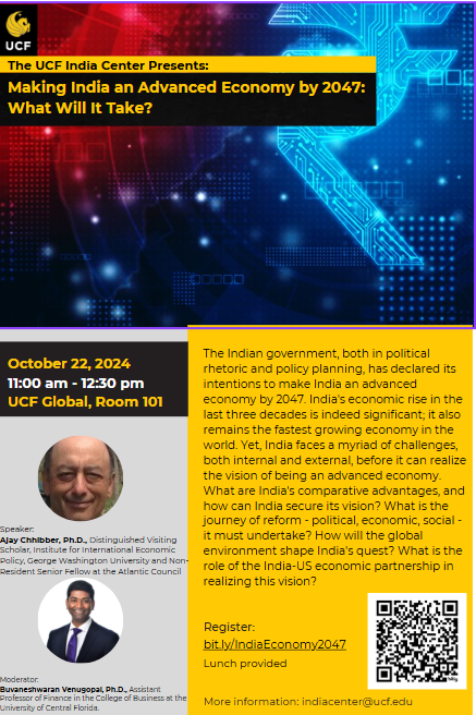 Event poster for 'Making India an Advanced Economy by 2047' at UCF India Center, detailing the topic, date, time, location, speakers, and RSVP info on a yellow and black background.