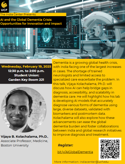 Flyer for a UCF event titled 'AI and the Global Dementia Crisis: Opportunities for Innovation and Impact' with speaker details, summary, date, time, location, RSVP link, and contact info.