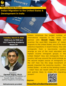 Event flyer for a talk on Indian migration to the U.S. and development in India, featuring speaker Devesh Kapur, with event details and registration link, overlaid on passport and flag backgrounds.
