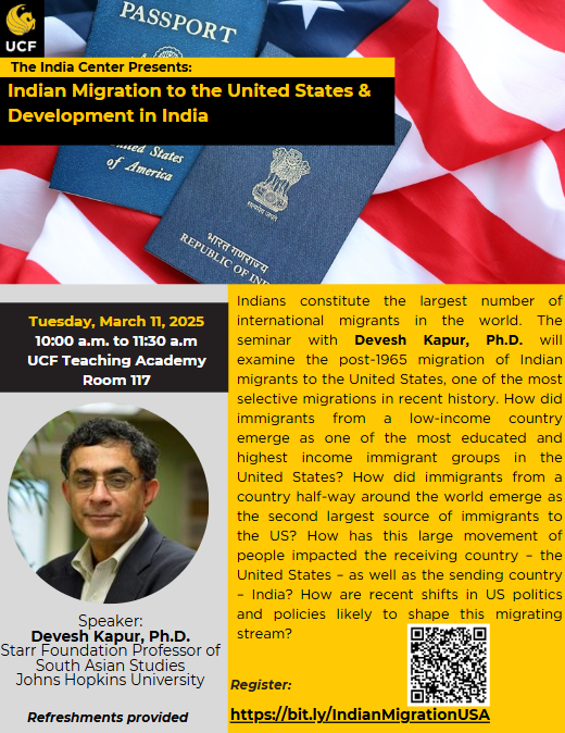 Event flyer for a talk on Indian migration to the U.S. and development in India, featuring speaker Devesh Kapur, with event details and registration link, overlaid on passport and flag backgrounds.