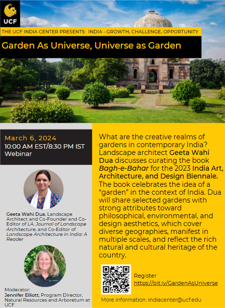 Webinar flyer with details on 'Garden As Universe, Universe as Garden,' featuring architect Geeta Wahi Dua discussing Indian gardens, scheduled for March 6, 2024, with registration info.