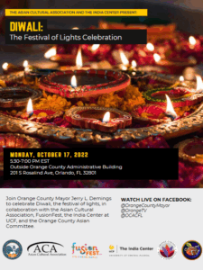 Flyer for a Diwali celebration event on October 17, 2022, outside the Orange County Administrative Building, featuring oil lamps and event information.