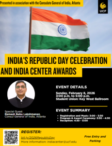 Poster for India's Republic Day Celebration and India Center Awards at UCF, featuring guest Ramesh Babu Lakshmanan, event details, registration info, and an image of the Indian flag.