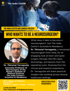 Event poster for a talk by Dr. Thirumal Yerragunta on becoming a neurosurgeon, with event details including time, location, and registration information.
